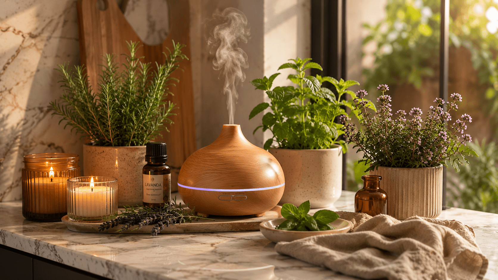 Difusor de aromas, velas aromáticas e plantas sobre bancada decorativa