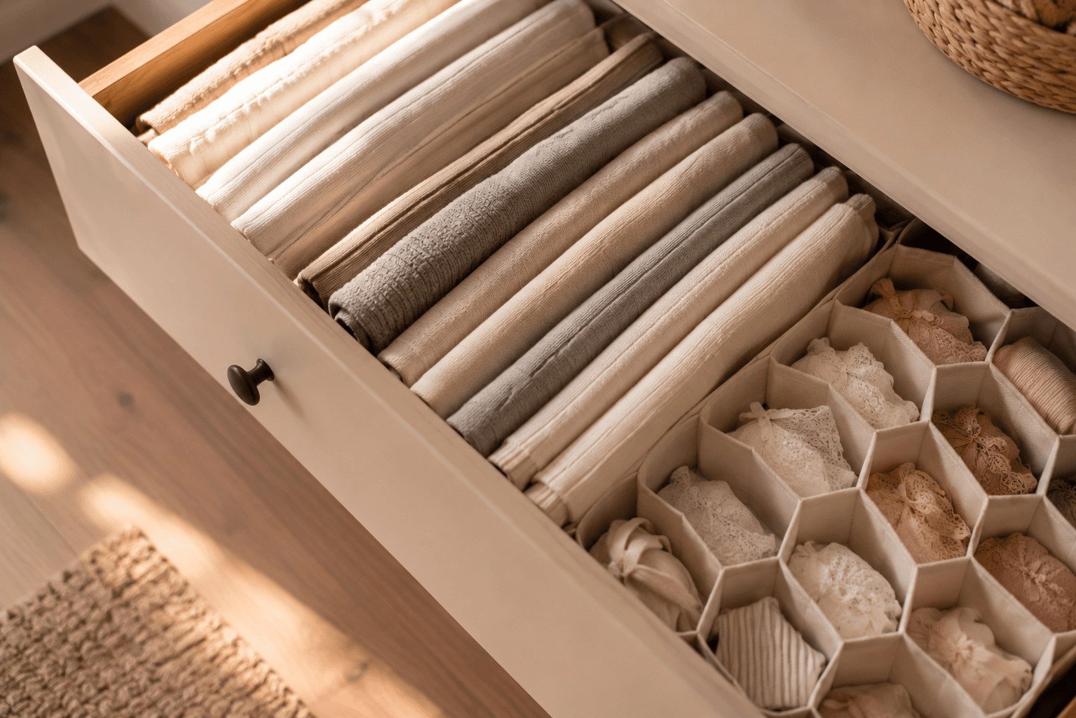 Gaveta organizada com dobra vertical e divisórias, roupas em tons neutros