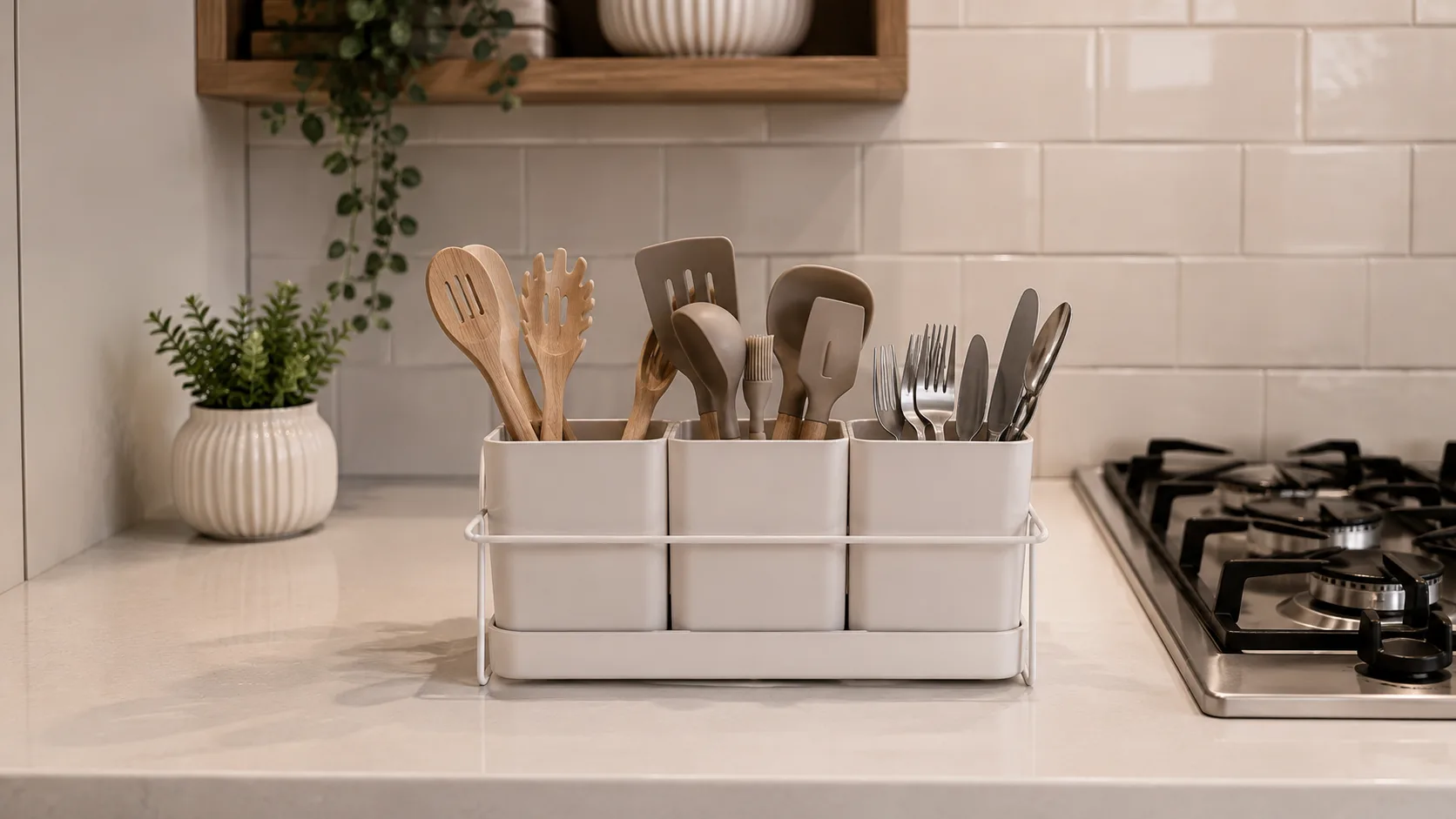 Cozinha Organizada: 10 Dicas Práticas para Transformar seu Espaço Suporte para utensílios de cozinha na bancada com colheres espátulas e garfos organizados