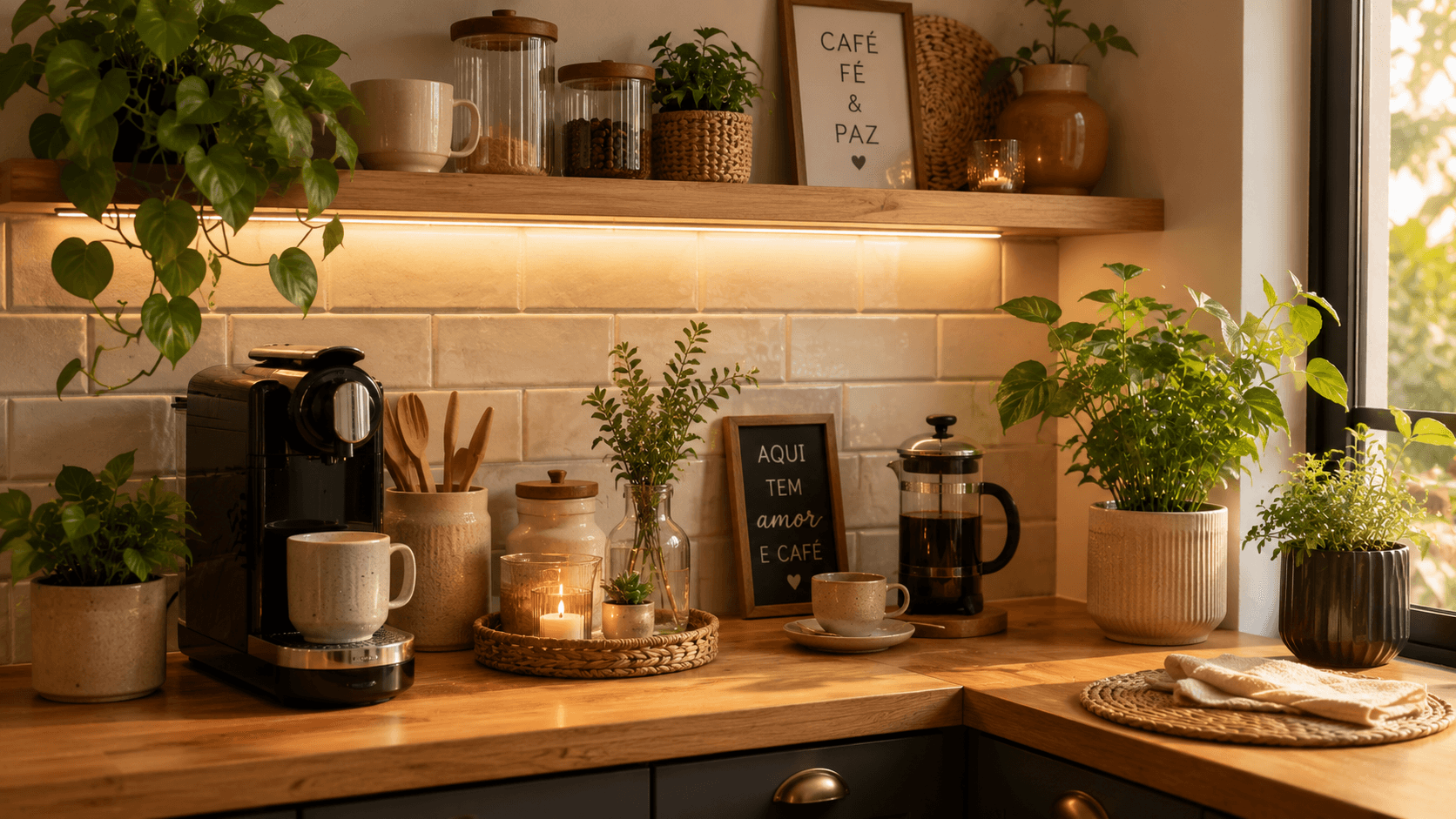 Cantinho do café organizado e convidativo com bandeja, xícaras e suporte