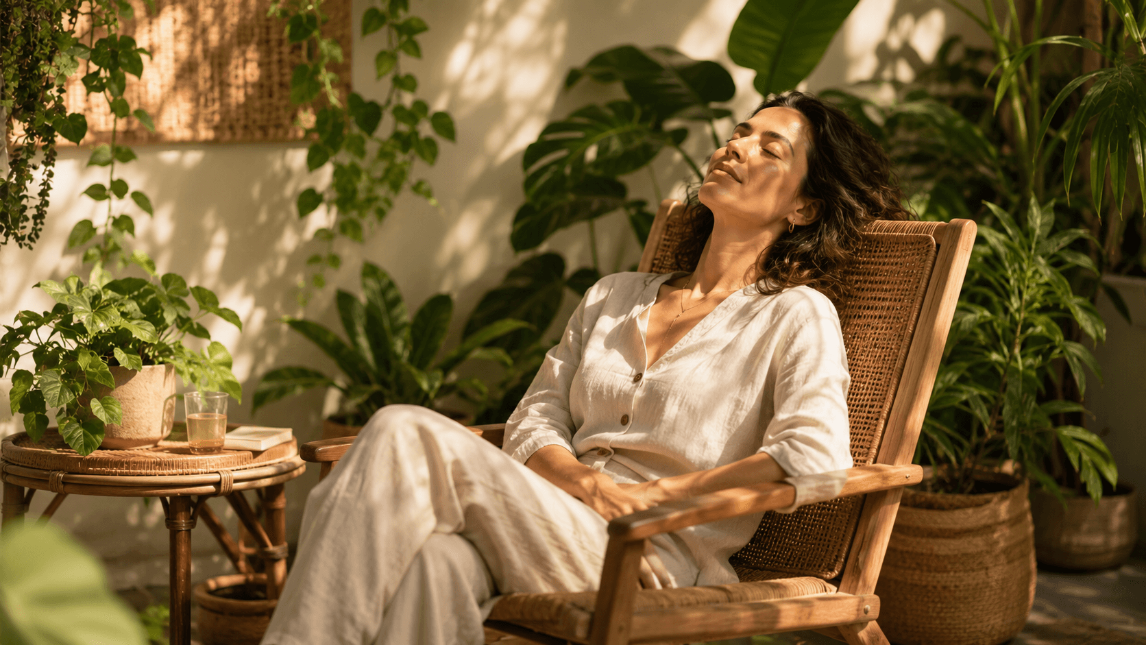 Pessoa relaxada em poltrona de madeira rodeada de plantas com expressão de paz — ambiente biofílico terapêutico