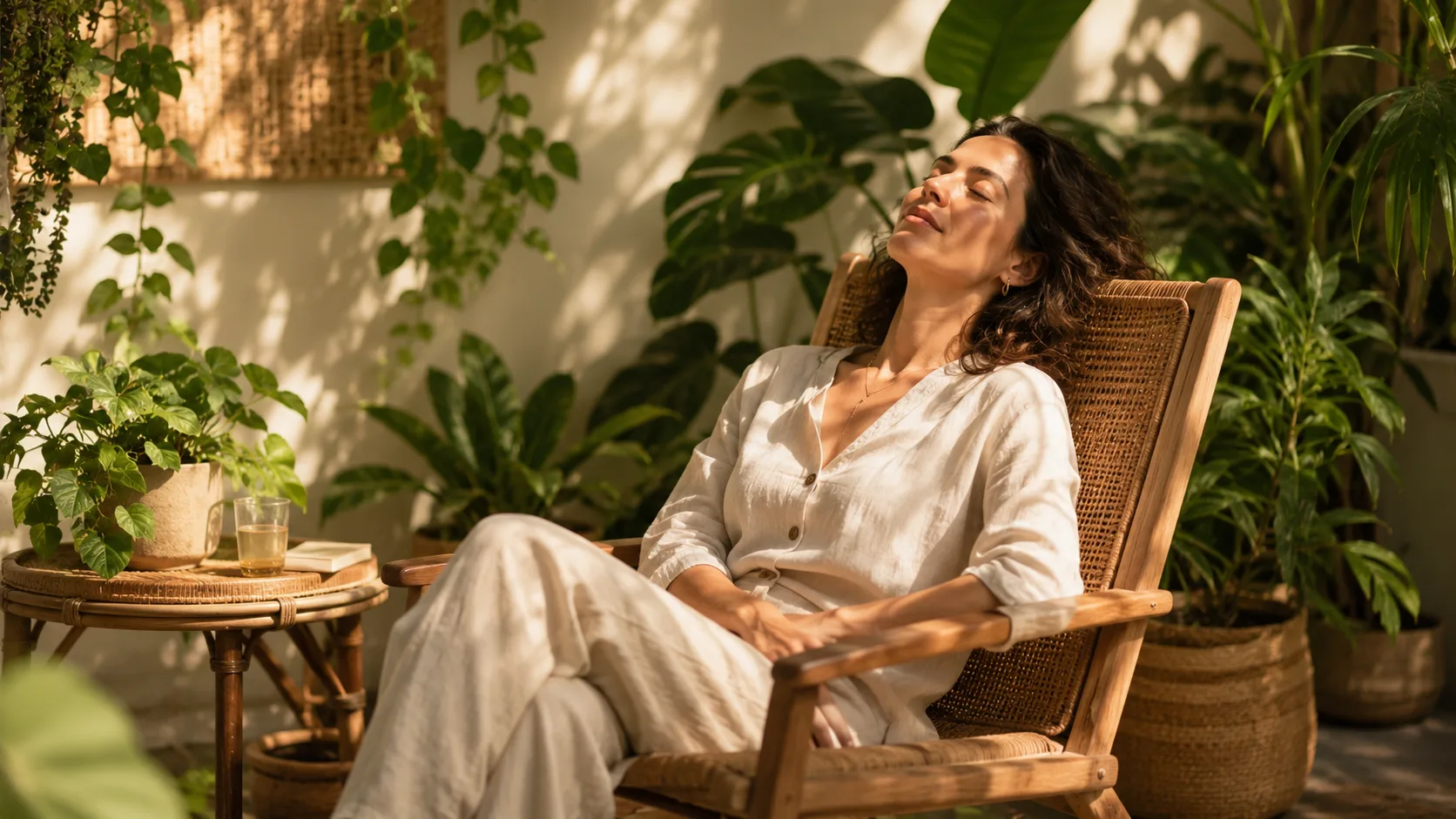 Pessoa relaxada em poltrona de madeira rodeada de plantas com expressão de paz — ambiente biofílico terapêutico