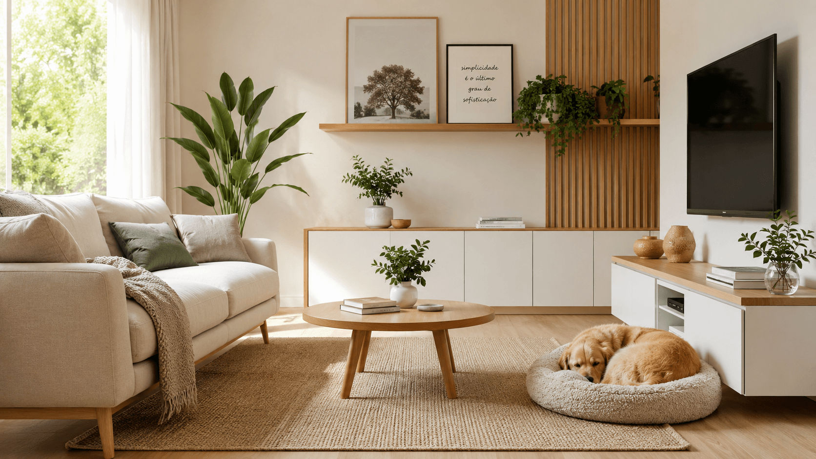 Sala de estar organizada e aconchegante com pet descansando
