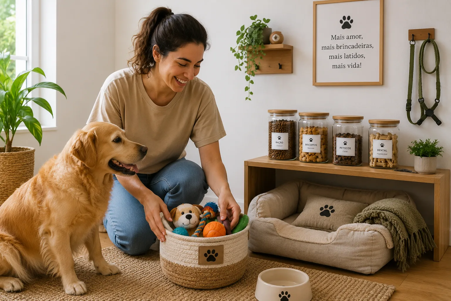 Organização com Pets em Casa: Dicas para um Lar Limpo e Harmonioso Tutor e pet juntos em casa organizada e aconchegante