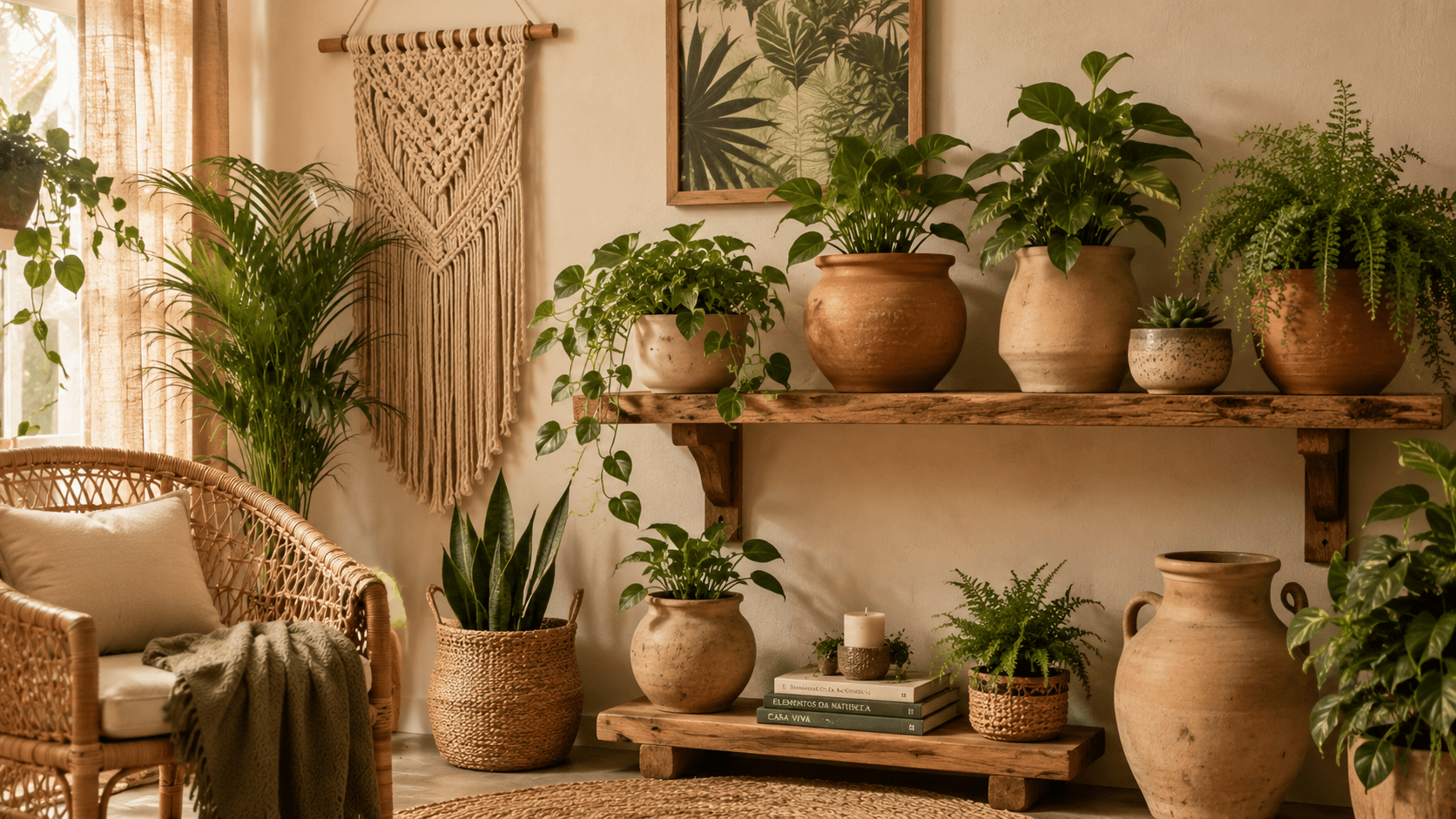 Cantinho com plantas em vasos de cerâmica artesanal sobre prateleira de madeira rústica e macramê na parede