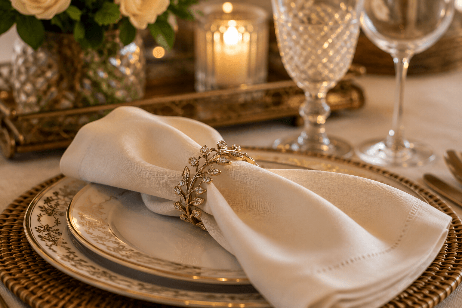 Porta-guardanapo dourado elegante para mesa posta