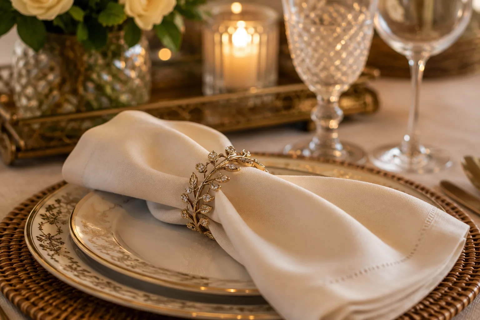 7 ideias de mesa posta simples e elegante Porta-guardanapo dourado elegante para mesa posta