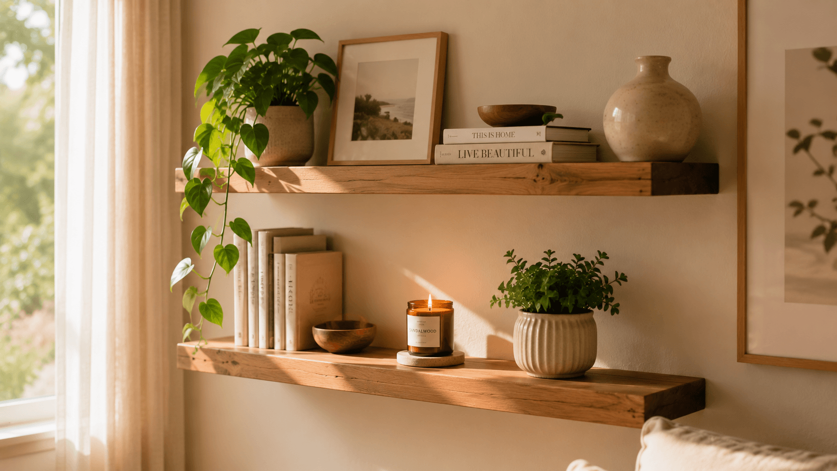 Prateleira decorativa com poucos objetos escolhidos com intenção, planta, livro e vaso — exemplo de curadoria consciente