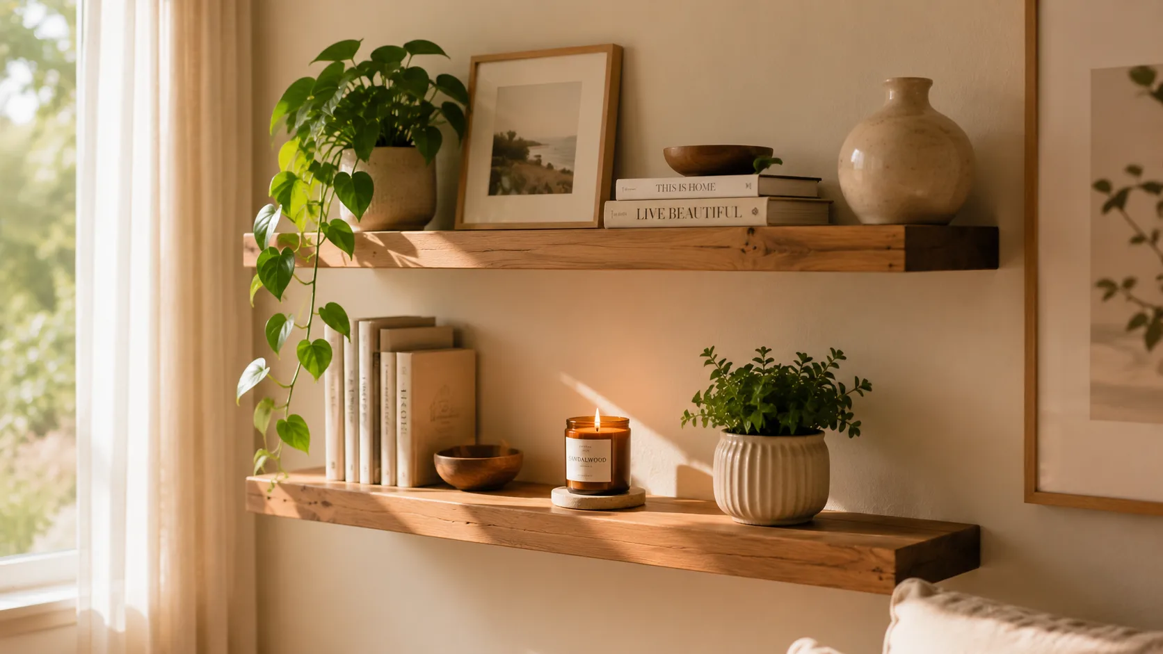 Prateleira decorativa com poucos objetos escolhidos com intenção, planta, livro e vaso — exemplo de curadoria consciente