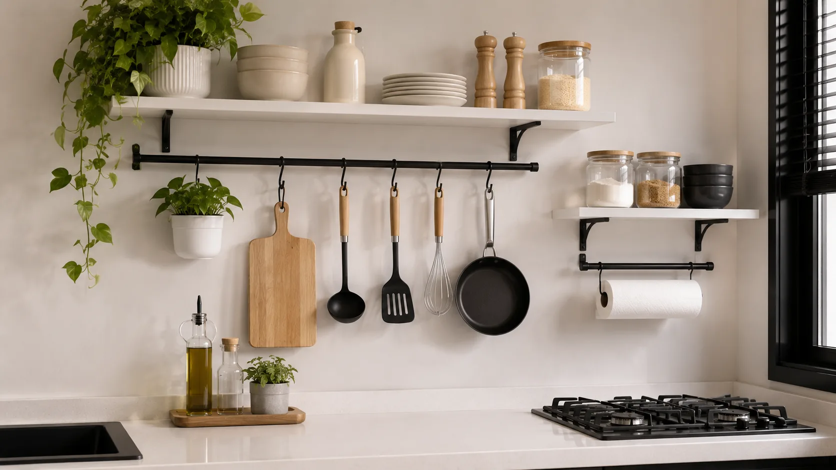 Cozinha Organizada: 10 Dicas Práticas para Transformar seu Espaço Prateleiras e ganchos na parede da cozinha com utensílios e temperos organizados
