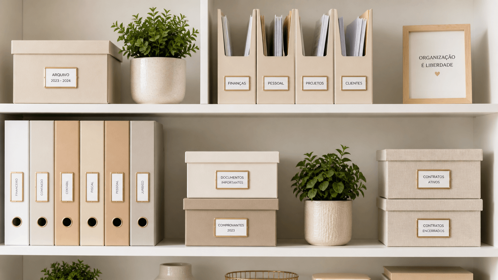 Como Organizar Documentos e Papéis em Casa: Guia Completo Prateleira organizada com caixas etiquetadas, fichários e porta-documentos em ambiente minimalista