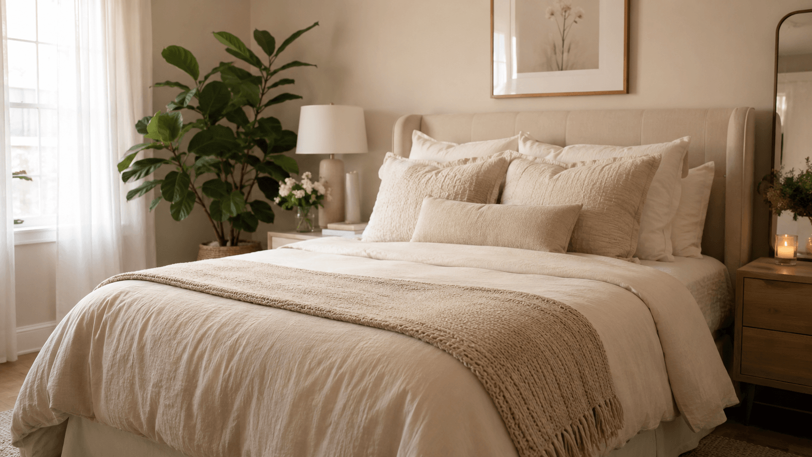 Quarto aconchegante e organizado com iluminação suave e ambiente sereno