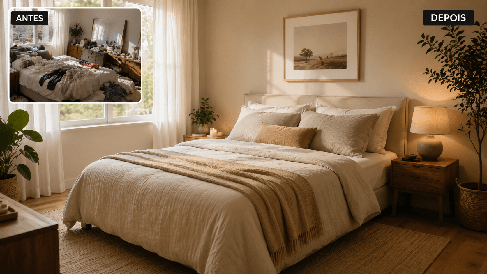 Quarto organizado e sereno com superfícies livres, cama arrumada e apenas objetos com significado, resultado do desapego consciente