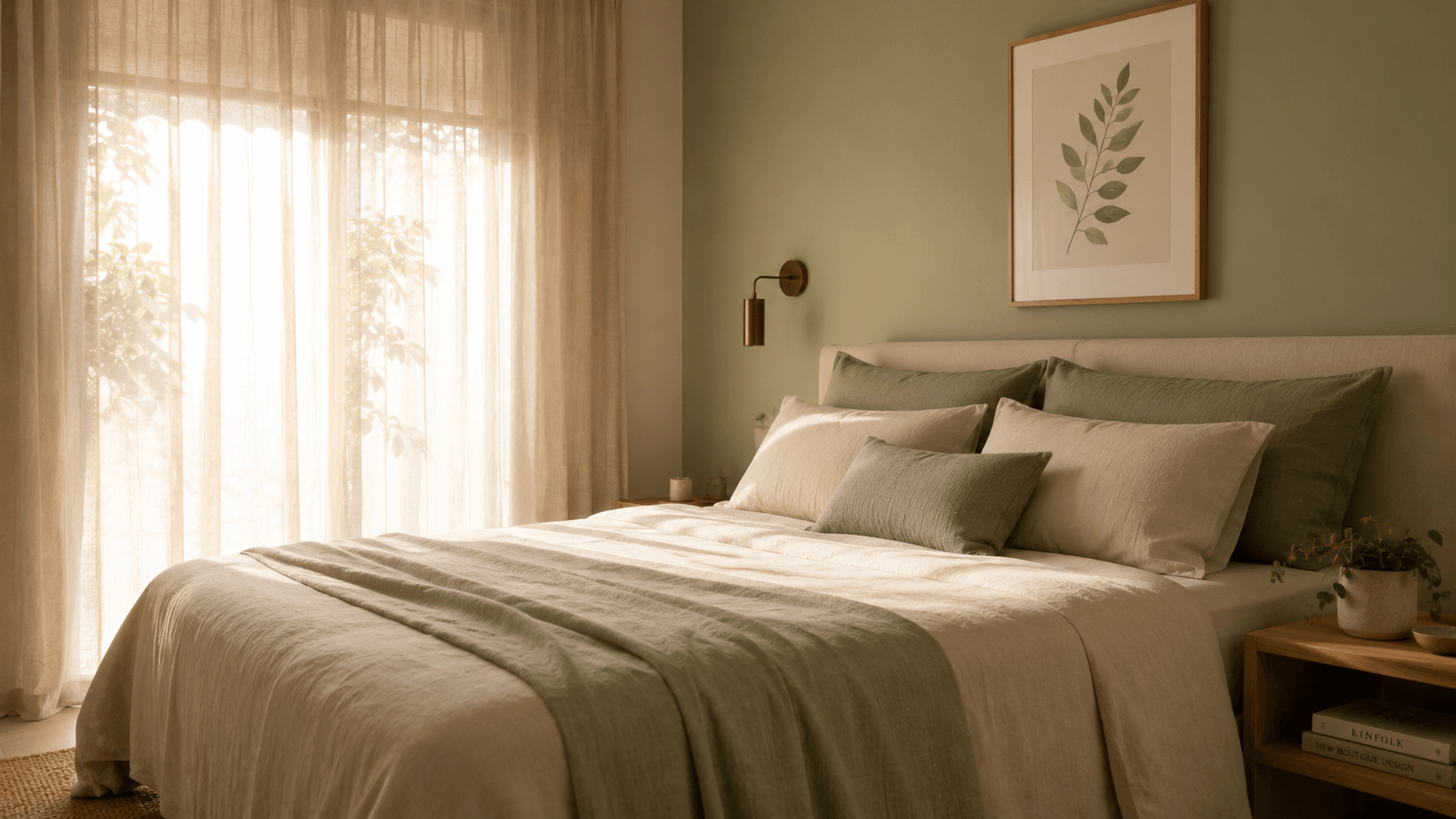 Quarto antiestresse com paleta verde-sage e bege, roupa de cama em linho e planta na mesinha