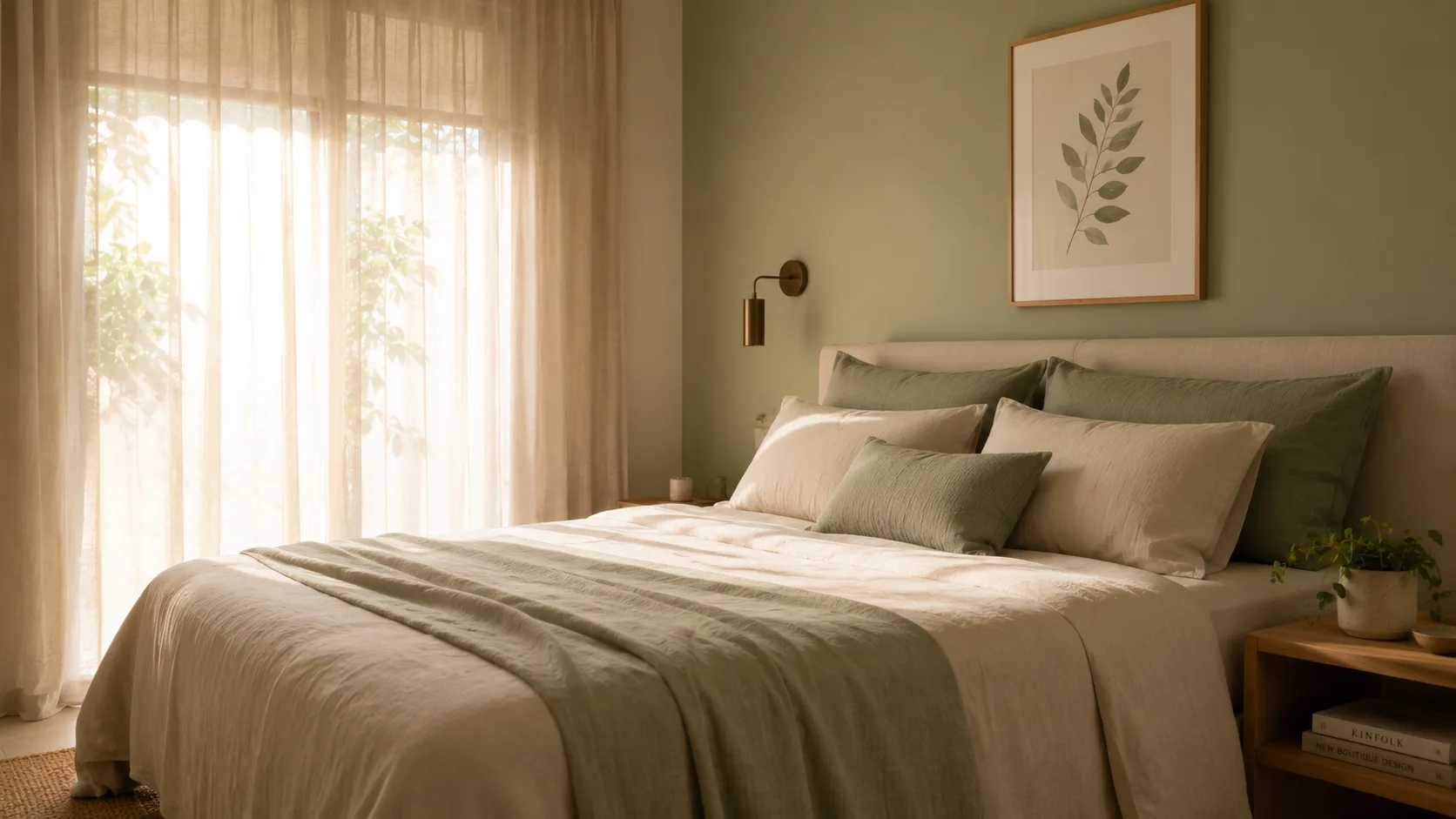 Quarto antiestresse com paleta verde-sage e bege, roupa de cama em linho e planta na mesinha