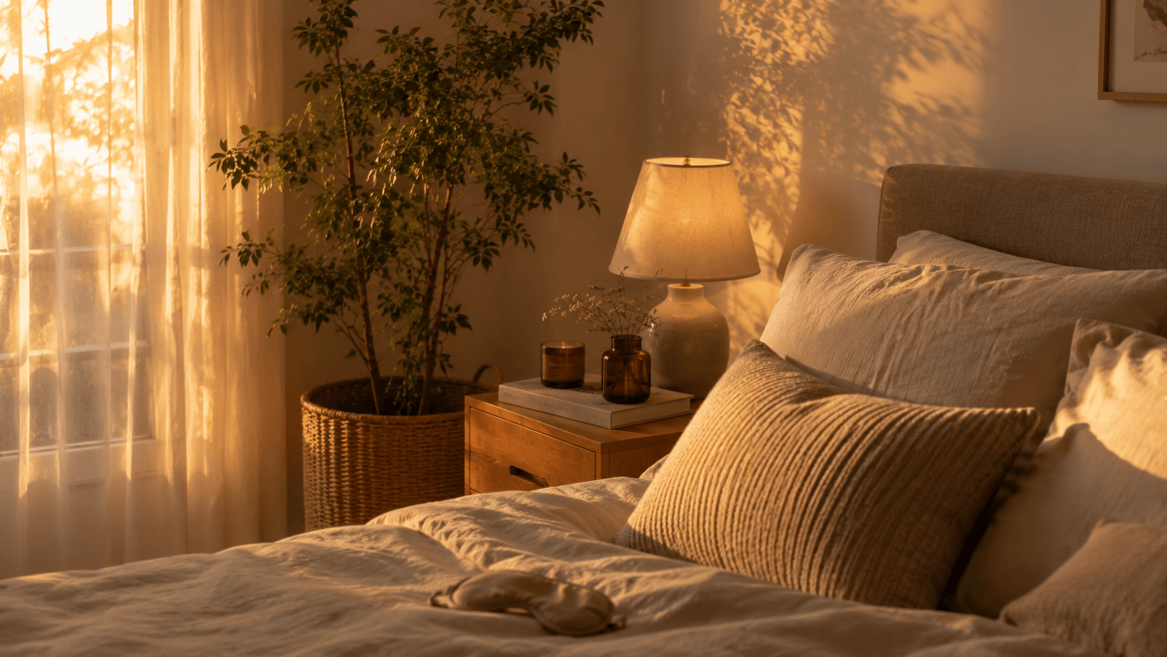 Quarto ao pôr do sol com iluminação quente e acolhedora para relaxamento