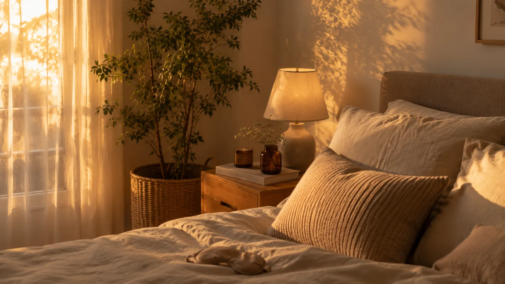 Quarto ao pôr do sol com iluminação quente e acolhedora para relaxamento