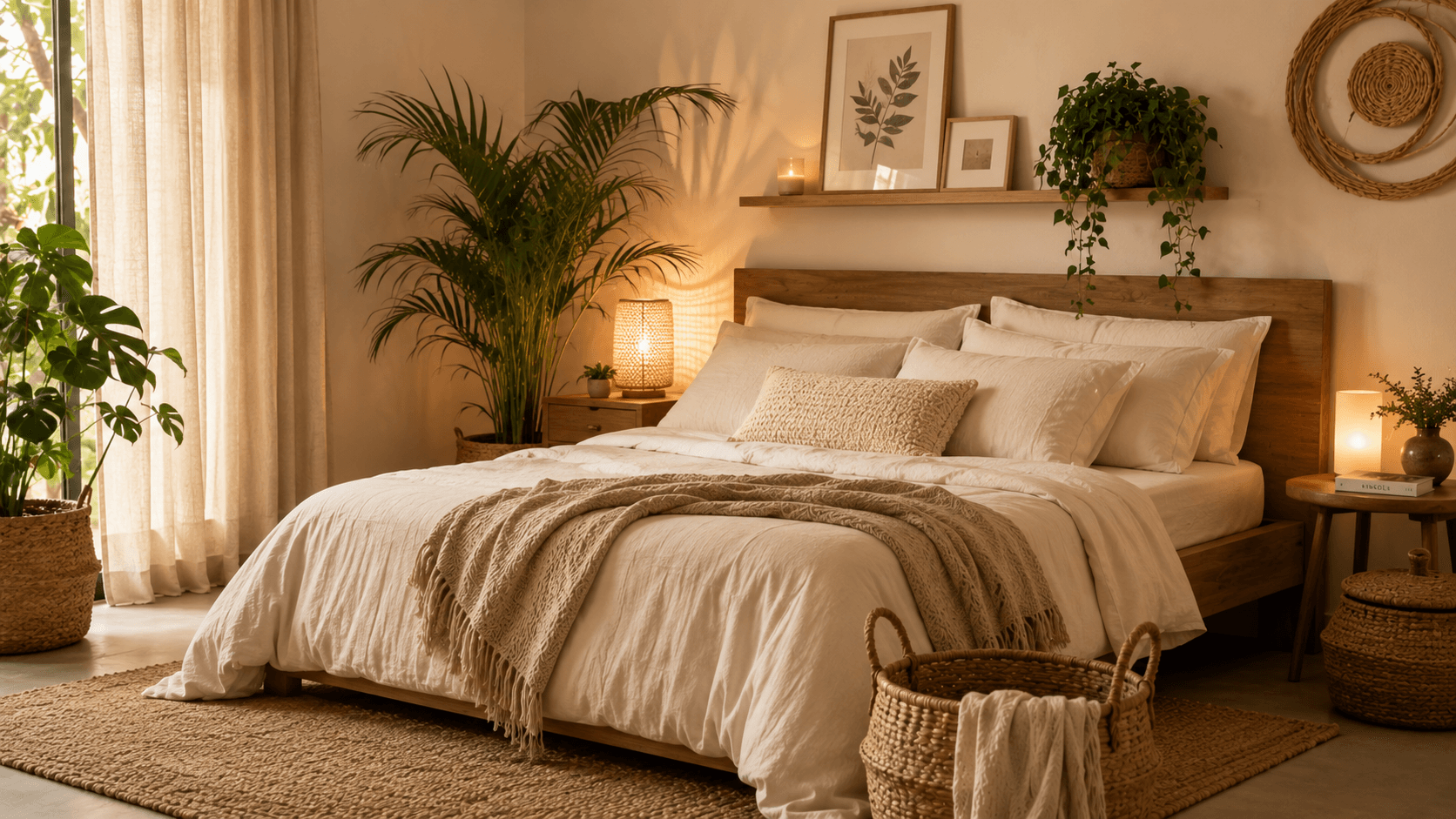 Quarto decorado com roupa de cama de algodão natural e tapete de juta — estilo natural e aconchegante