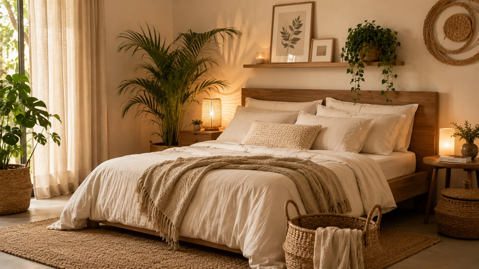 Quarto decorado com roupa de cama de algodão natural e tapete de juta — estilo natural e aconchegante