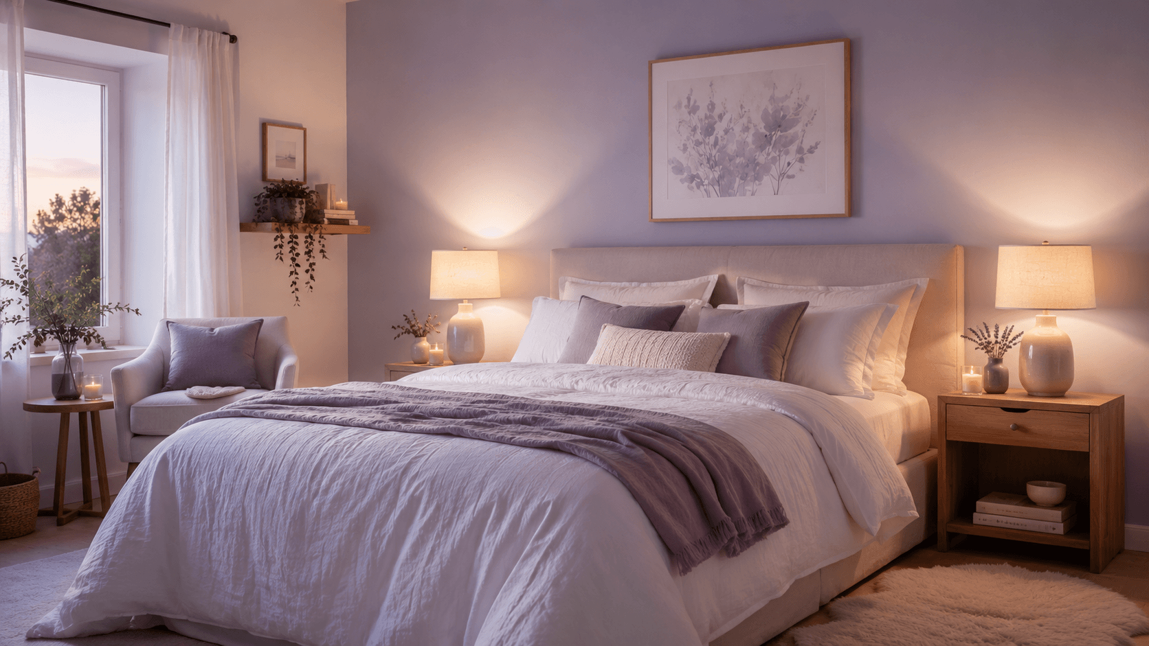 Cores que Atraem Energia Positiva: Guia de Feng Shui por Cômodo Quarto decorado com parede em lavanda e roupa de cama em linho branco, ambiente tranquilo e acolhedor