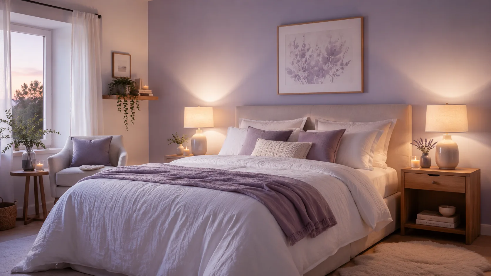 Quarto decorado com parede em lavanda e roupa de cama em linho branco, ambiente tranquilo e acolhedor