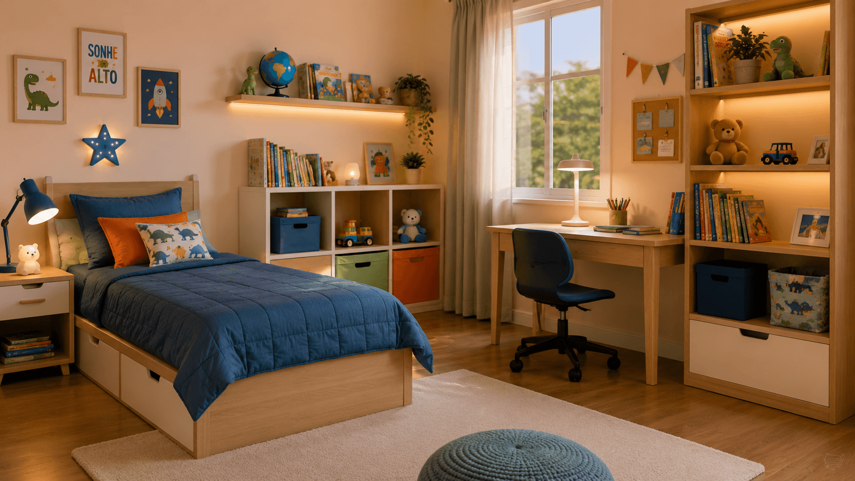 Quarto infantil organizado com caixas coloridas