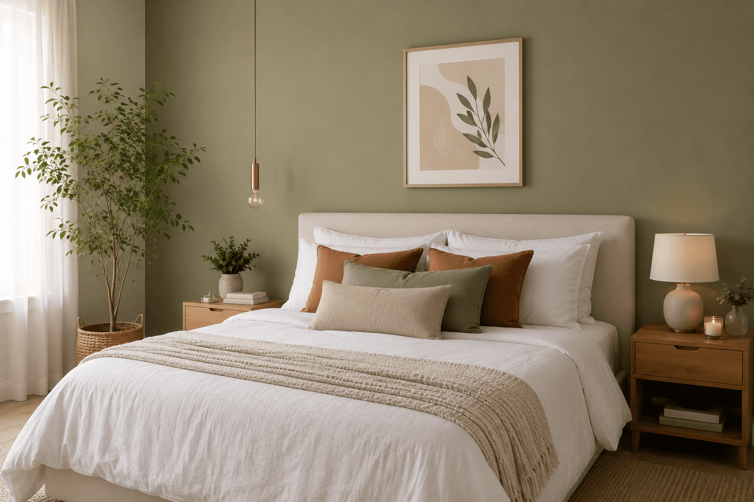 Quarto minimalista com parede sage green e roupa de cama branca em tons neutros