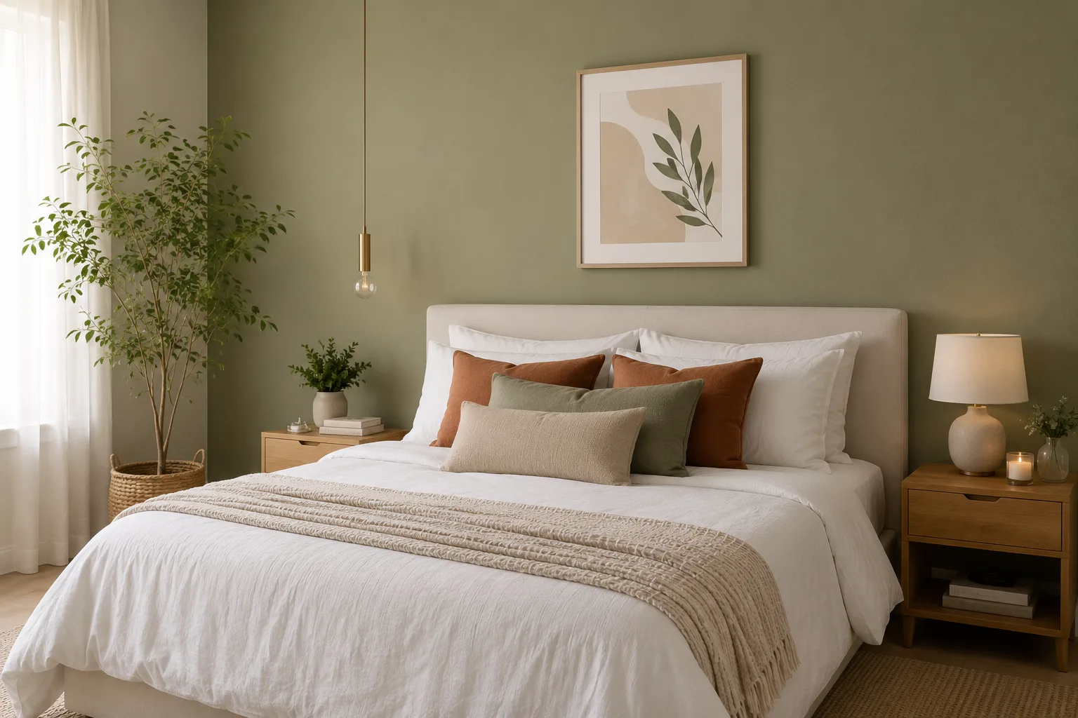 Quarto Organizado: Por Que Você Não Consegue Manter e Como Mudar Isso de Vez Quarto minimalista com parede sage green e roupa de cama branca em tons neutros