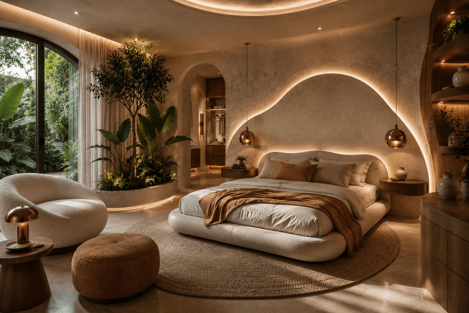Quarto completo decorado no estilo futurismo orgânico com plantas, materiais naturais e formas curvas