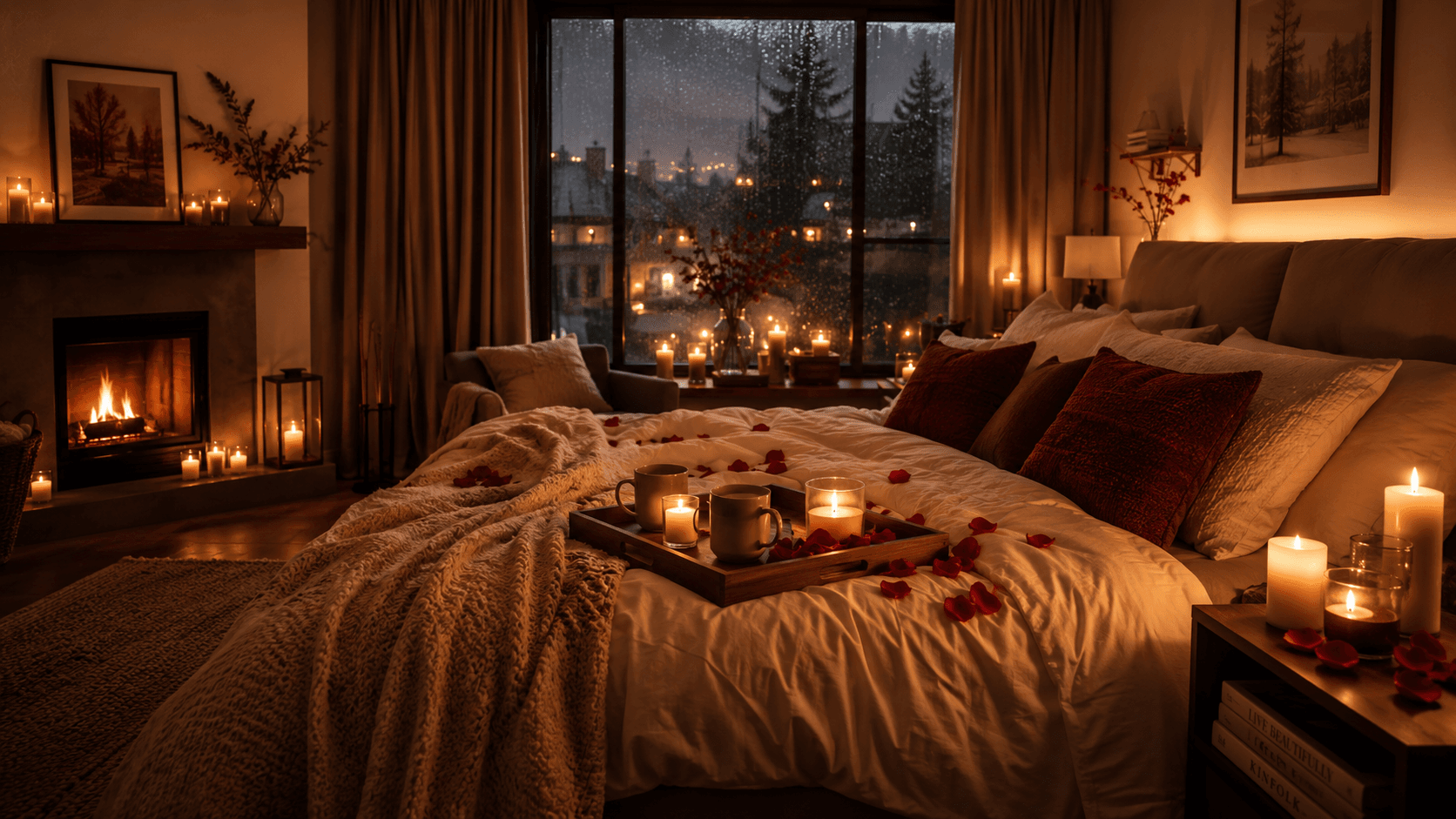 Quarto romântico com velas acesas, pétalas e iluminação quente para o Dia dos Namorados