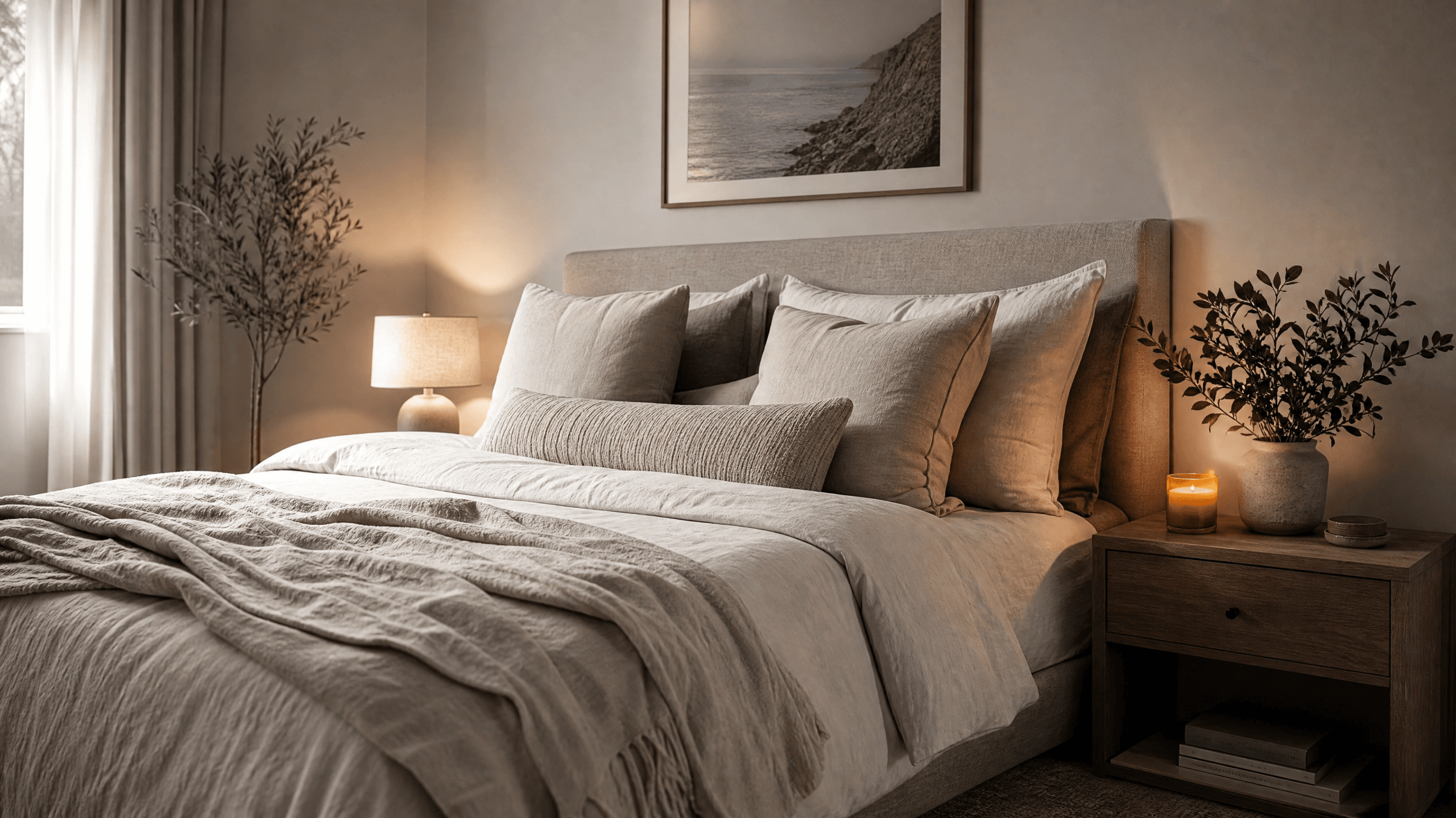 quarto minimalista organizado com cama arrumada e luz suave representando descanso e paz mental