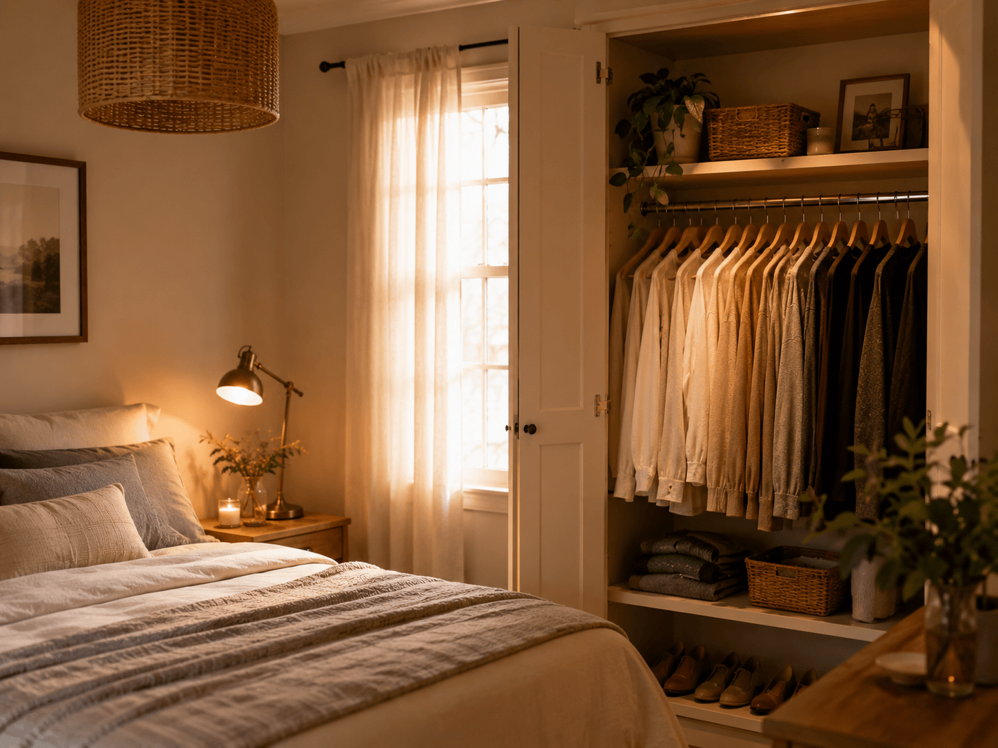 Quarto pequeno e organizado com guarda-roupa arrumado e plantas decorativas