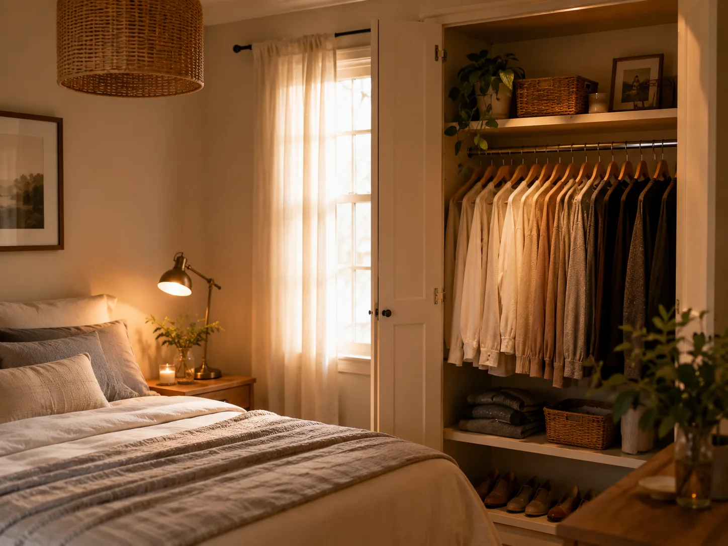 Guarda-Roupa Pequeno Sempre Bagunçado? 10 Truques que Mudam Tudo Quarto pequeno e organizado com guarda-roupa arrumado e plantas decorativas