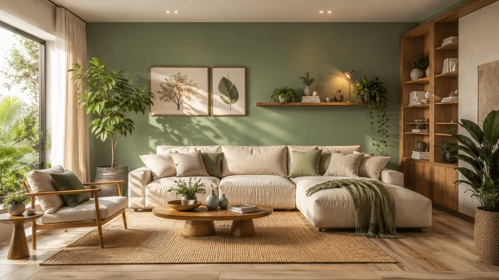 Cores que Atraem Energia Positiva: Guia de Feng Shui por Cômodo Sala de estar decorada com parede em verde-sálvia, sofá bege e plantas naturais representando energia positiva pelo feng shui
