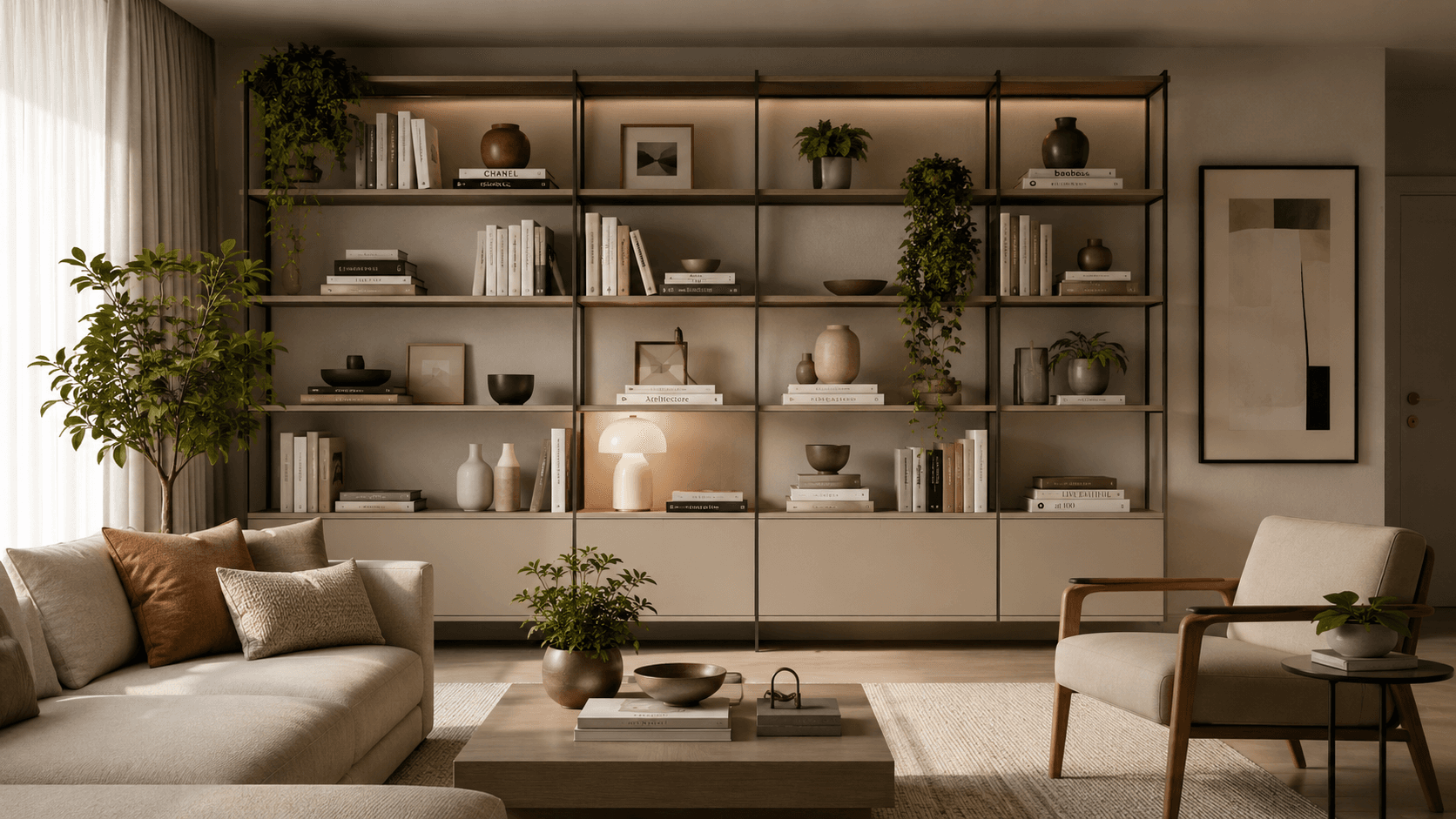 Sala de estar com estante modular estilizada e plantas decorativas