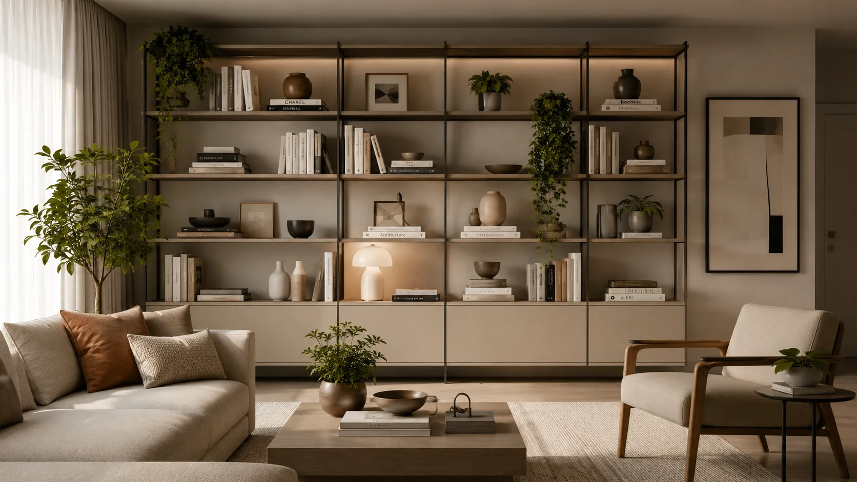 Sala de estar com estante modular estilizada e plantas decorativas
