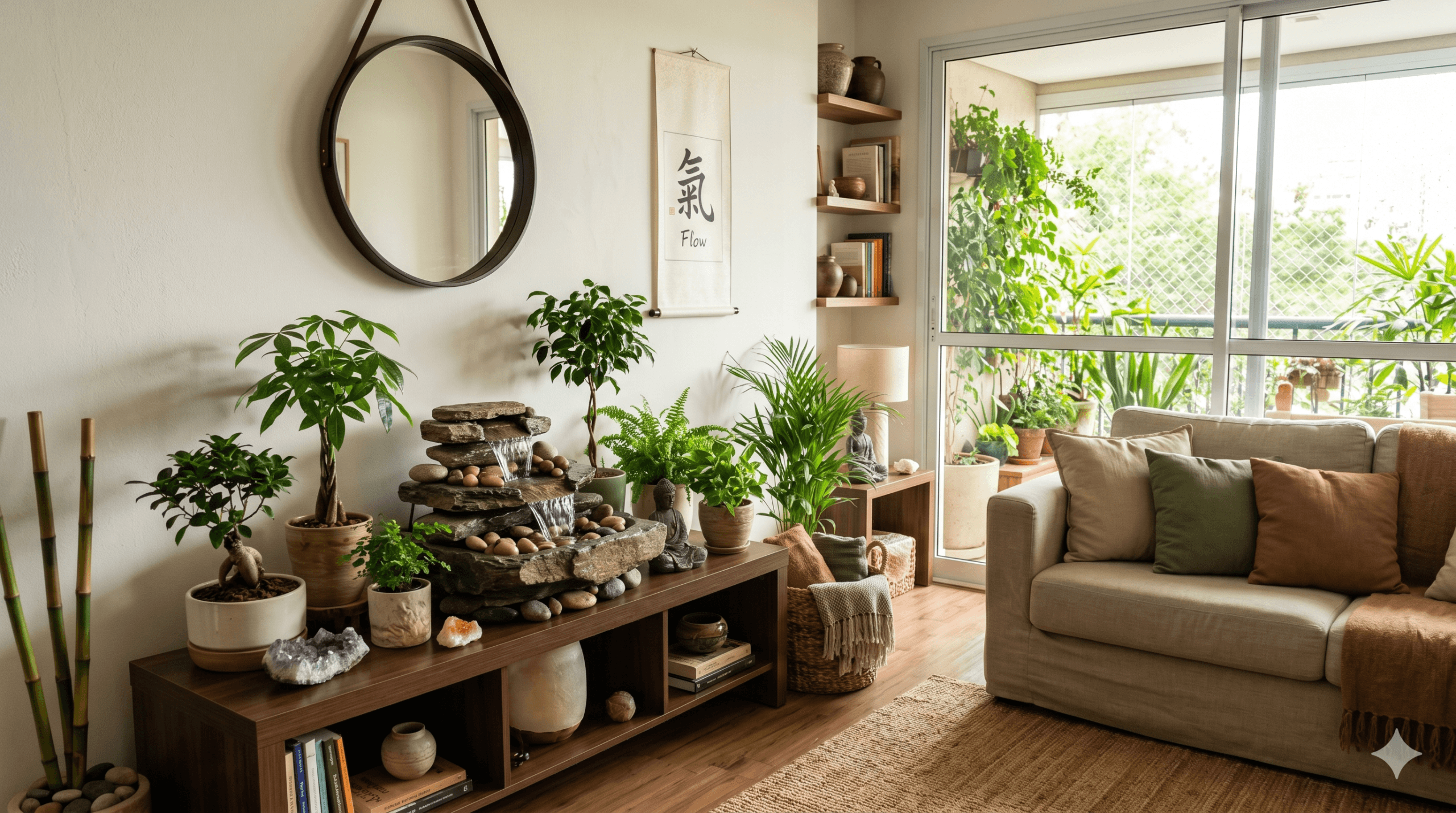 Sala de estar com fonte de água decorativa Feng Shui criando ambiente de tranquilidade e prosperidade
