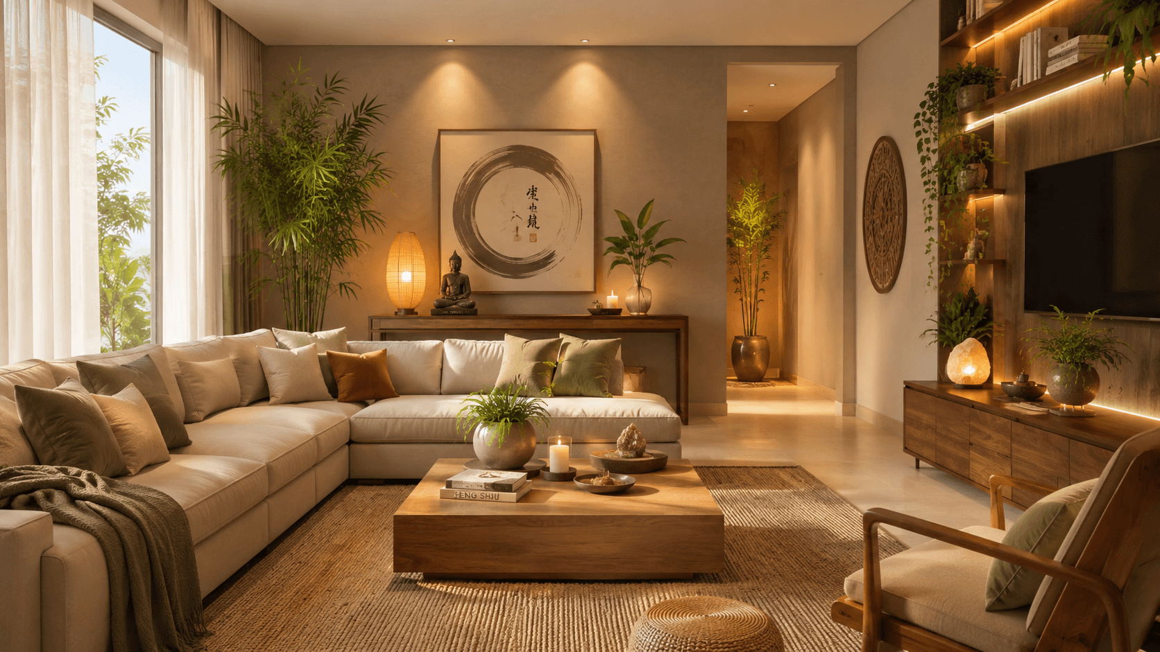Sala de estar com decoração Feng Shui — sofá bege, plantas e luz natural criando ambiente harmonioso