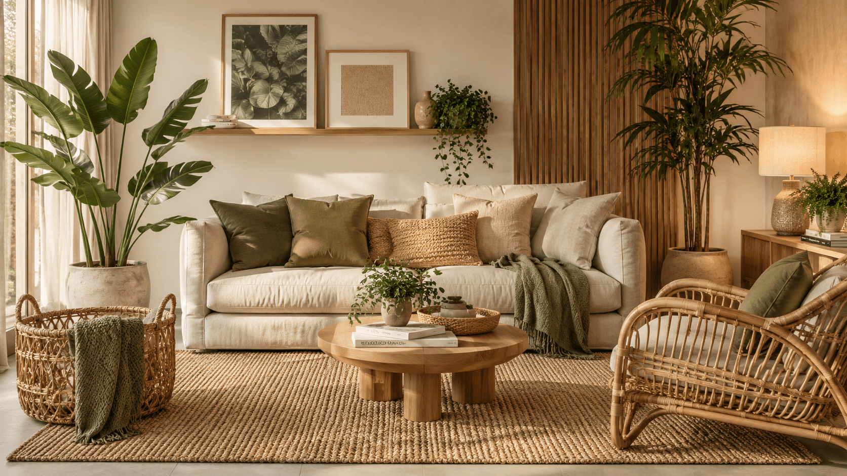 Sala de estar decorada com plantas e fibras naturais — tapete de juta, almofadas de linho e cestas de rattan