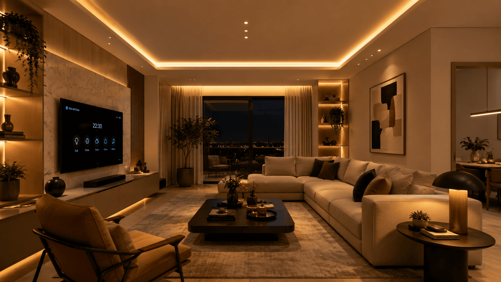 Sala de estar moderna com iluminação inteligente e automação residencial integrada à decoração