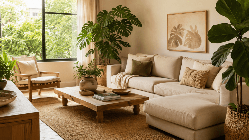 Sala de estar serena com decoração biofílica
