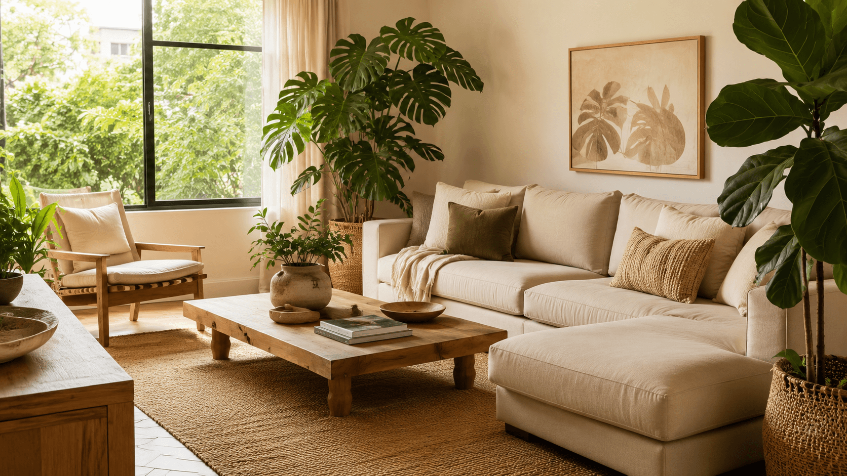 Sala de estar serena com luz natural, plantas de folhas largas e materiais naturais — casa antiestresse com decoração biofílica