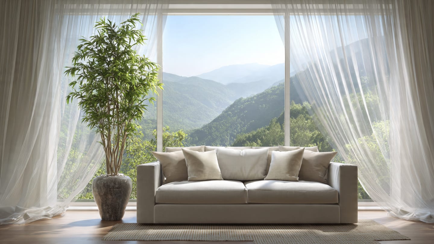 Bambu da Sorte em sala decorada com vista para montanhas — energia positiva e boa sorte