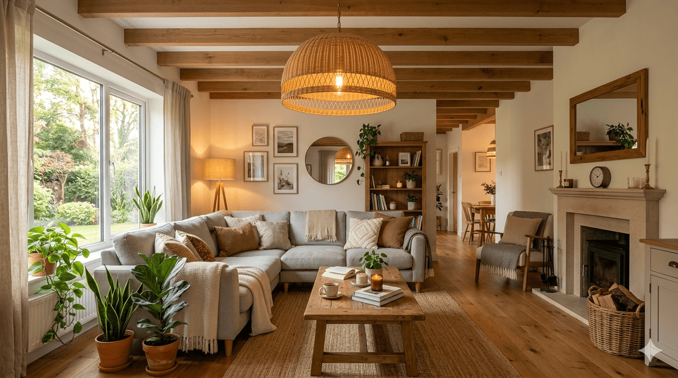 Sala de estar decorada com pendente e luz quente aconchegante