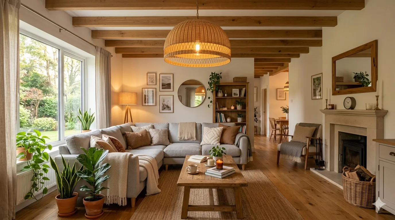 Sala de estar decorada com pendente e luz quente aconchegante