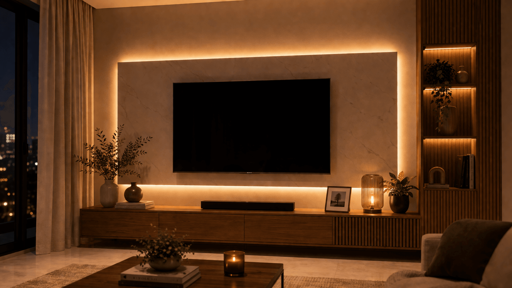 Sala decorada com fita LED atrás do painel criando luz indireta