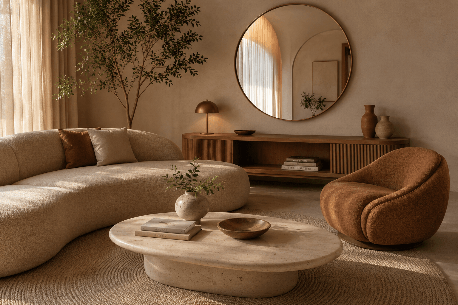 Sala com espelho redondo na parede e móveis de formas curvas no estilo futurismo orgânico