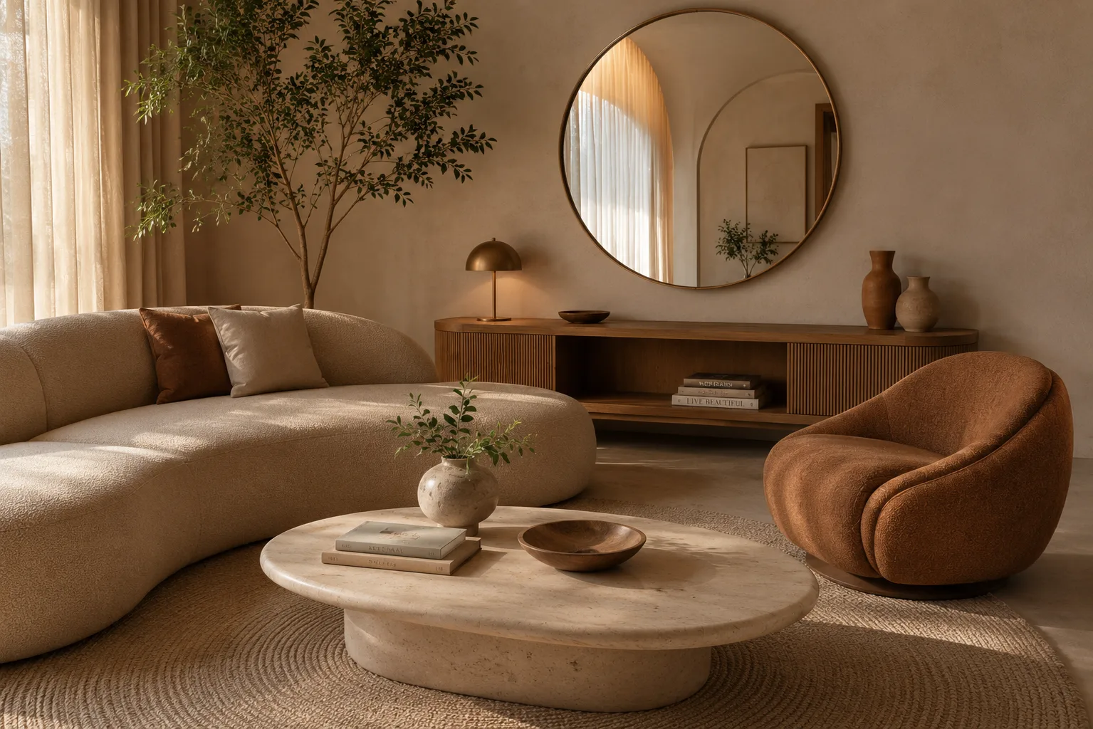 Sala com espelho redondo na parede e móveis de formas curvas no estilo futurismo orgânico