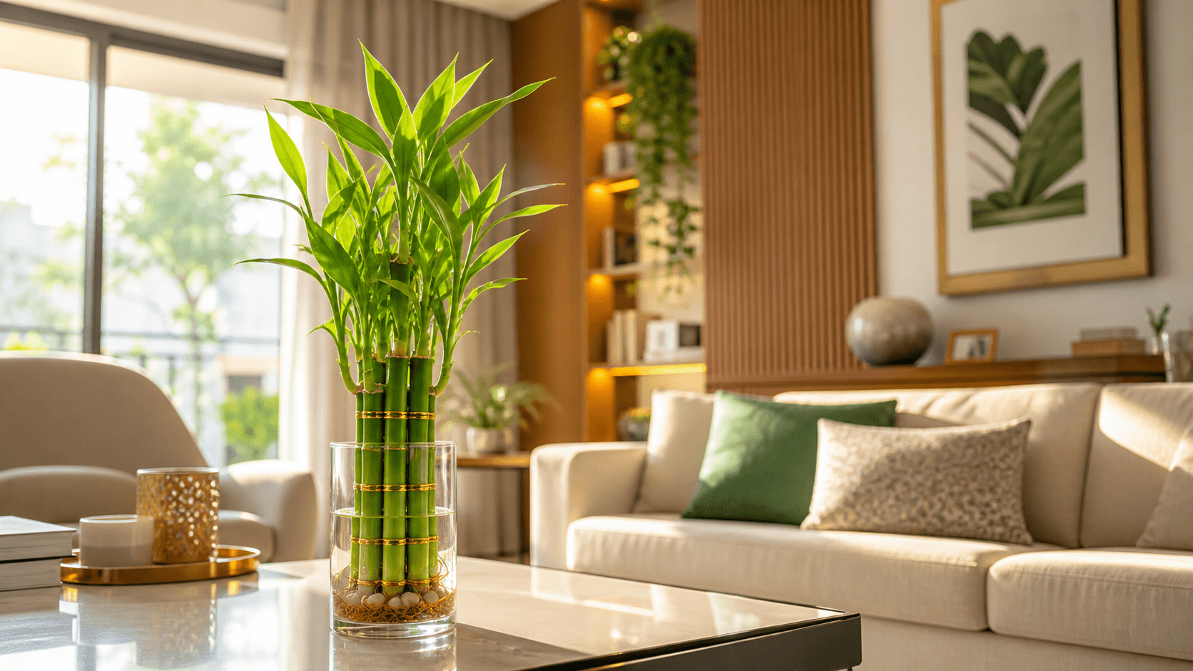 Sala de estar moderna e aconchegante com plantas decorativas — energia positiva em casa