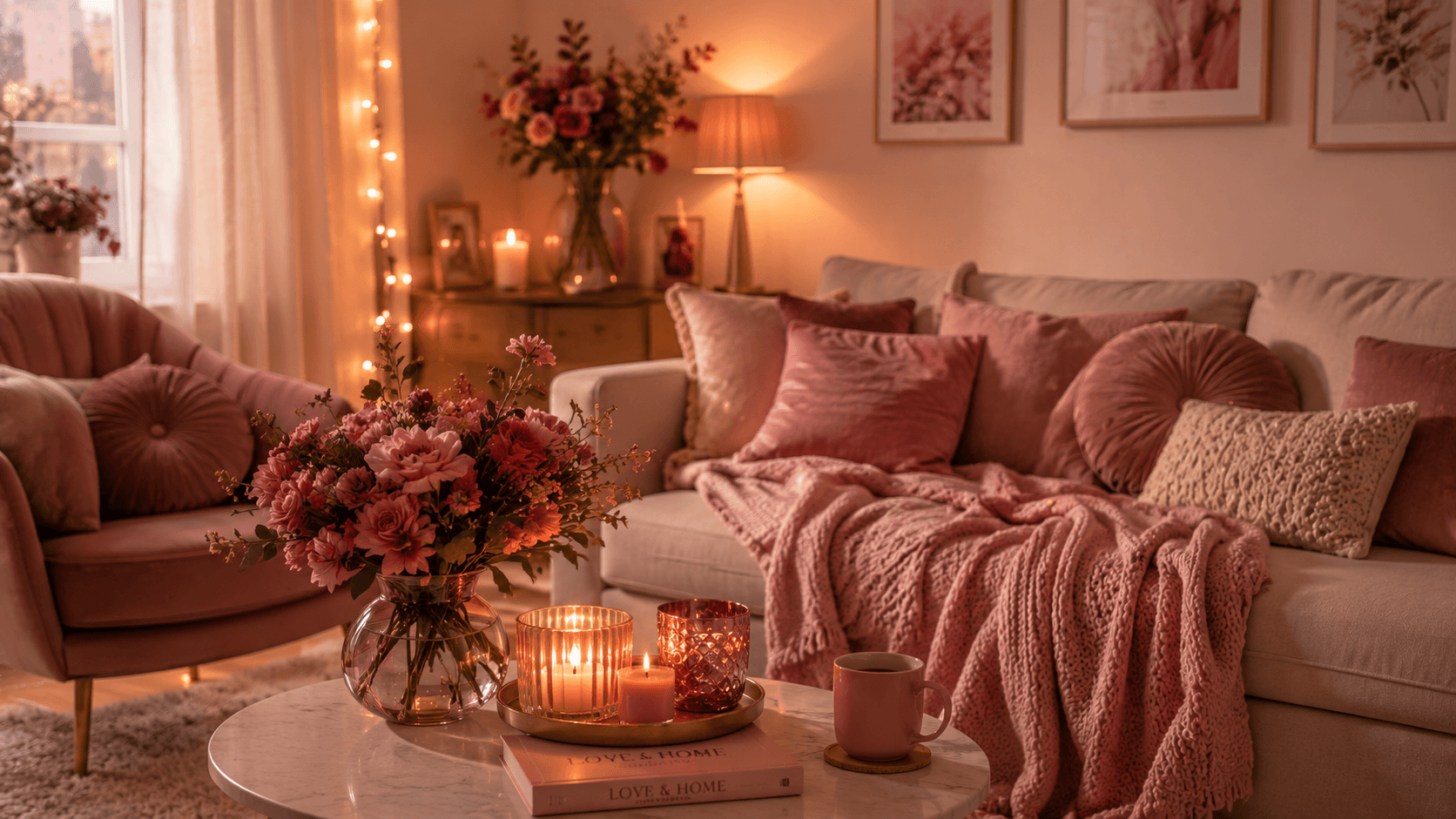 Sala de estar hygge com paleta rosé, mantas e flores — clima romântico de inverno